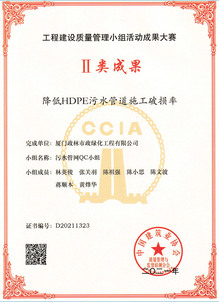 政林QC國家級二等獎 | 降低HDPE污水管道施工破損率